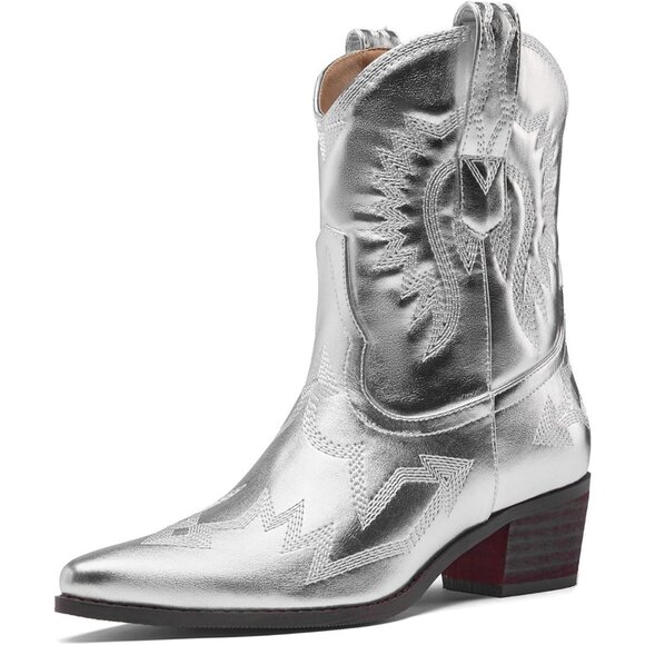 Women's Silver Embroidered Metallic Ankle Western Cowgirl Boots Pointed Toe - Picture 1 of 6